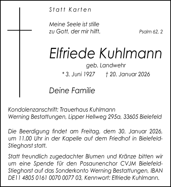 Traueranzeige von Elfriede Kuhlmann von Neue Westfälische und Westfalen-Blatt