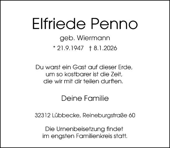 Traueranzeige von Elfriede Penno von Neue Westfälische und Westfalen-Blatt