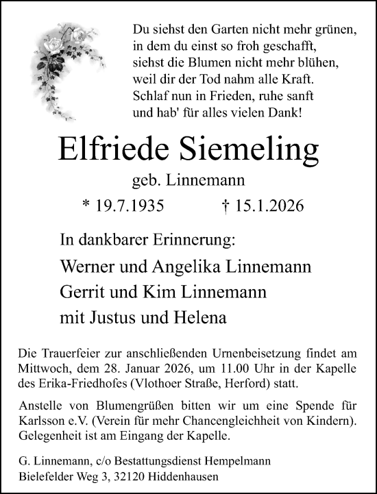 Traueranzeige von Elfriede Siemeling von Neue Westfälische und Westfalen-Blatt
