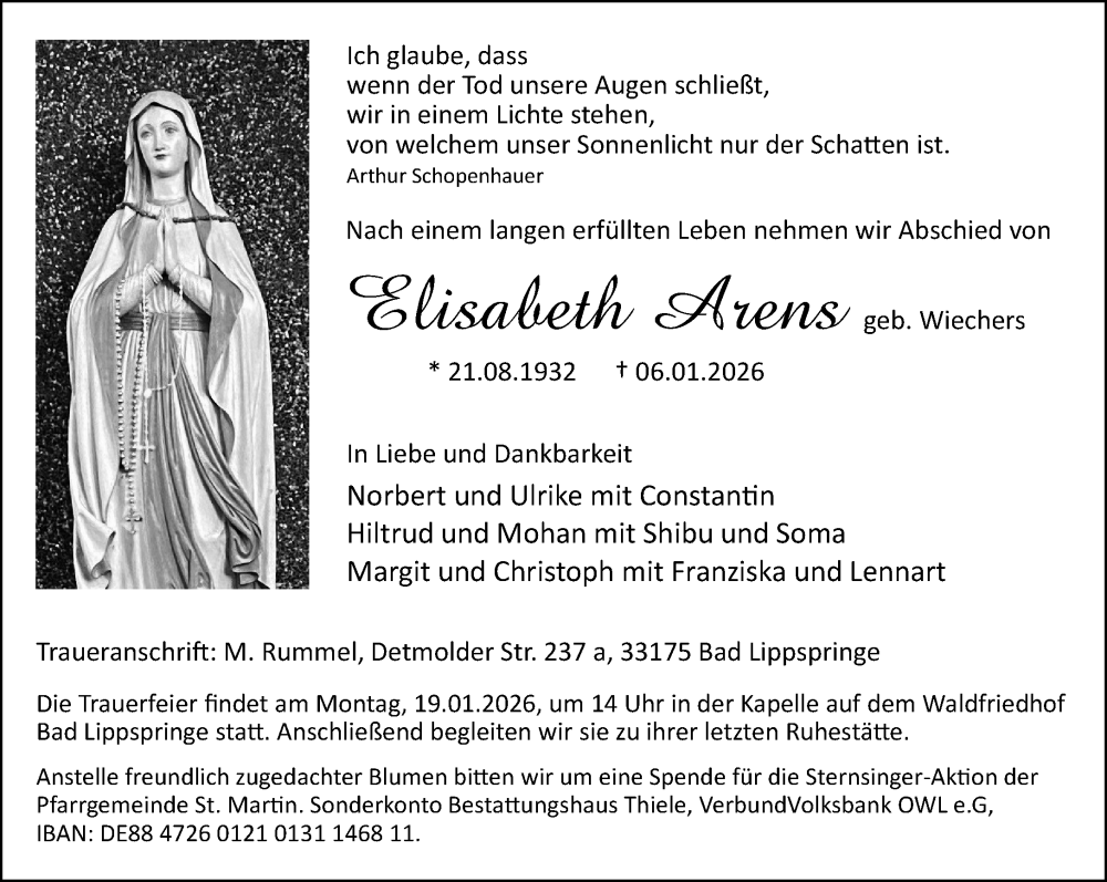  Traueranzeige für Elisabeth Arens vom 10.01.2026 aus Neue Westfälische und Westfalen-Blatt