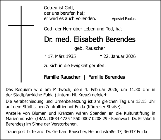 Traueranzeige von Elisabeth Berendes von Neue Westfälische und Westfalen-Blatt