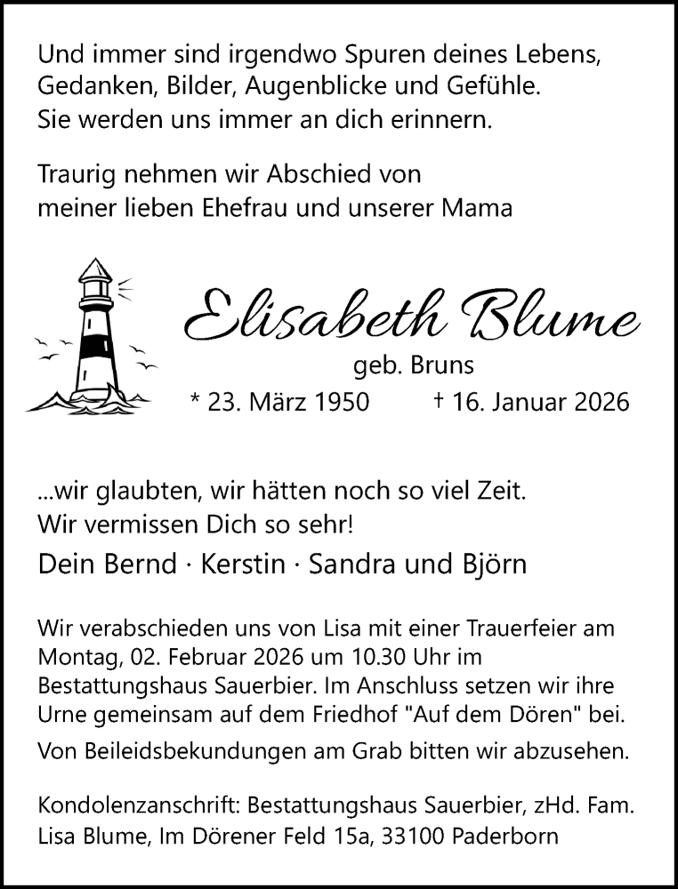  Traueranzeige für Elisabeth Blume vom 24.01.2026 aus Neue Westfälische und Westfalen-Blatt
