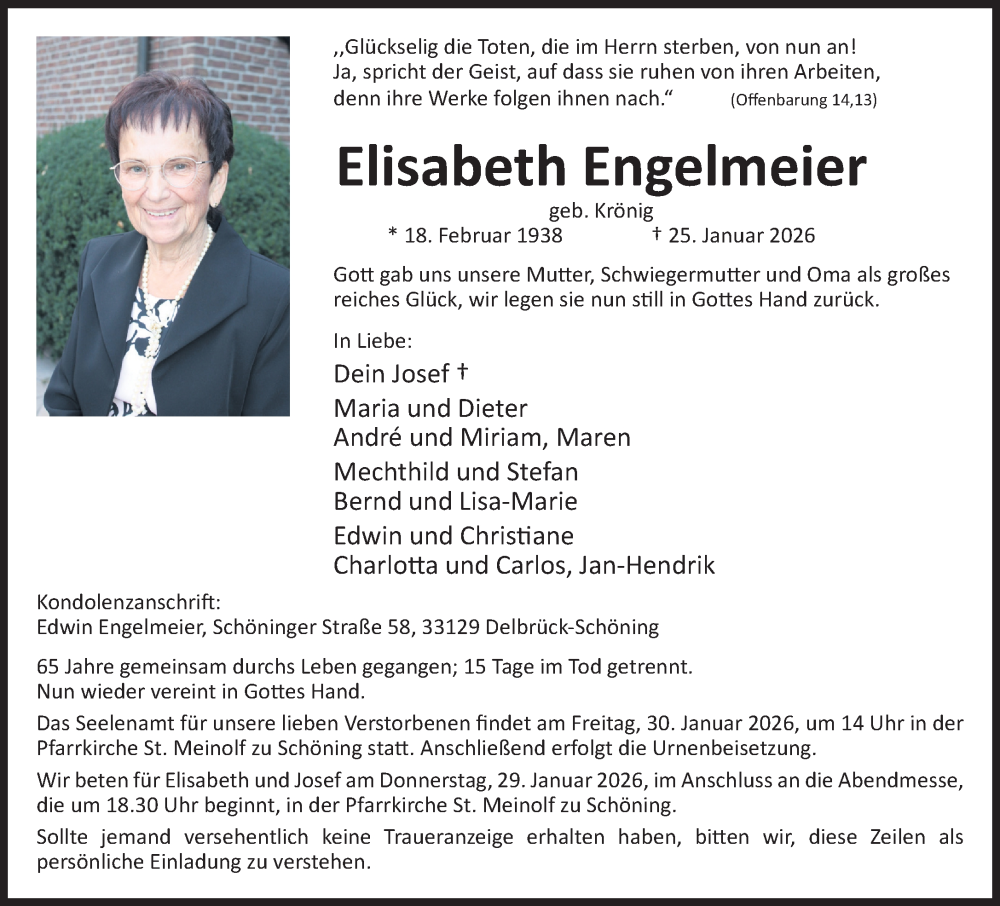  Traueranzeige für Elisabeth Engelmeier vom 28.01.2026 aus Neue Westfälische und Westfalen-Blatt