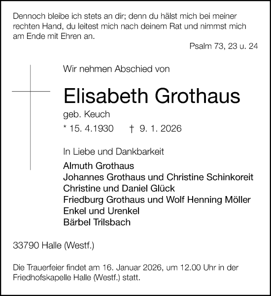 Traueranzeige von Elisabeth Grothaus von Neue Westfälische und Westfalen-Blatt