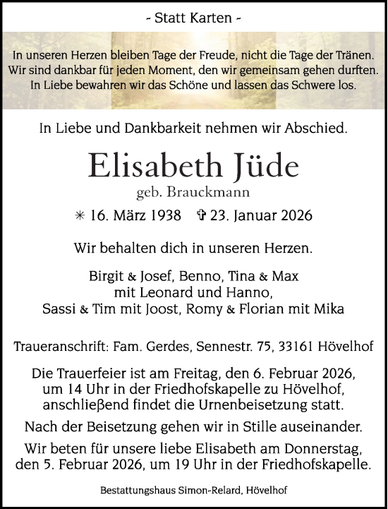 Traueranzeige von Elisabeth Jüde von Neue Westfälische und Westfalen-Blatt