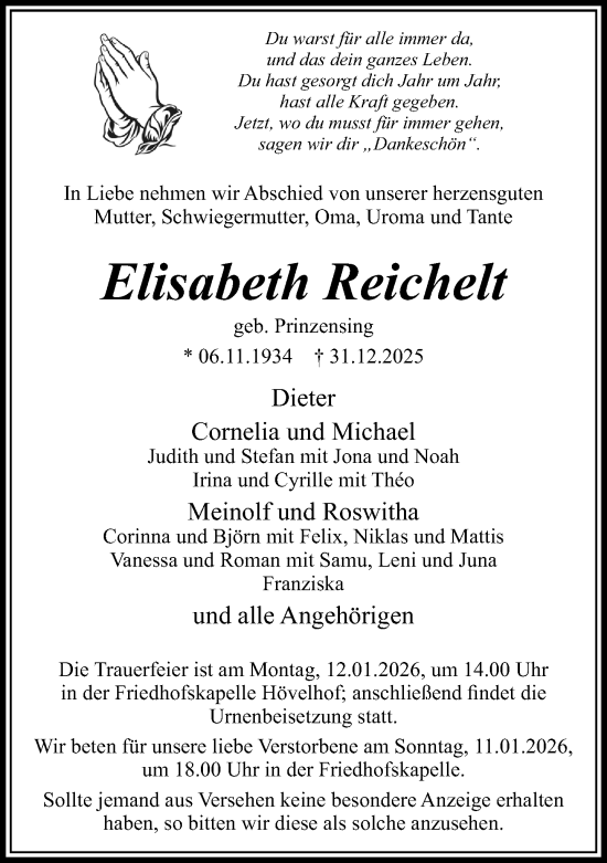 Traueranzeige von Elisabeth Reichelt von Neue Westfälische und Westfalen-Blatt