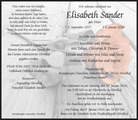 Traueranzeige von Elisabeth Sander von Neue Westfälische und Westfalen-Blatt
