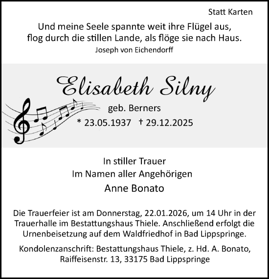 Traueranzeige von Elisabeth Silny von Neue Westfälische und Westfalen-Blatt