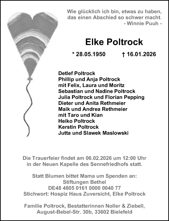Traueranzeige von Elke Poltrock von Neue Westfälische und Westfalen-Blatt