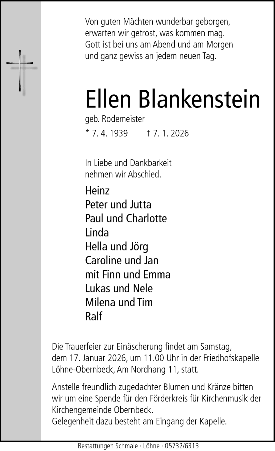 Traueranzeige von Ellen Blankenstein von Neue Westfälische und Westfalen-Blatt
