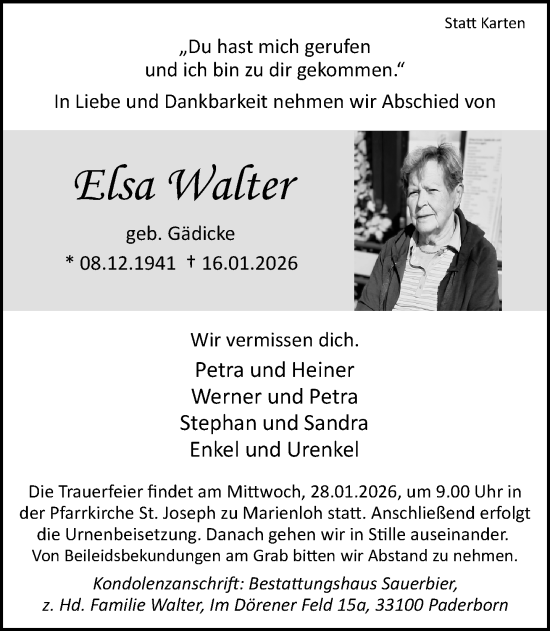 Traueranzeige von Elsa Walter von Neue Westfälische und Westfalen-Blatt