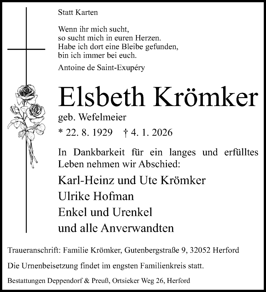  Traueranzeige für Elsbeth Krömker vom 10.01.2026 aus Neue Westfälische und Westfalen-Blatt