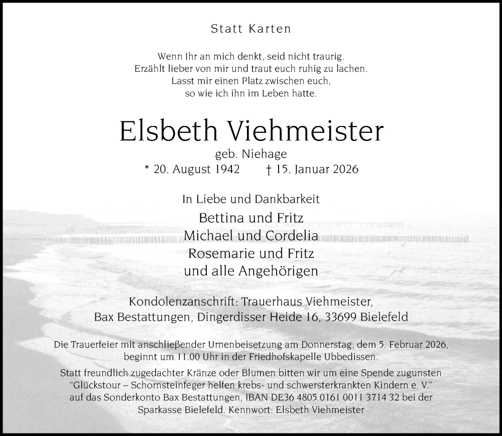  Traueranzeige für Elsbeth Viehmeister vom 24.01.2026 aus Neue Westfälische und Westfalen-Blatt