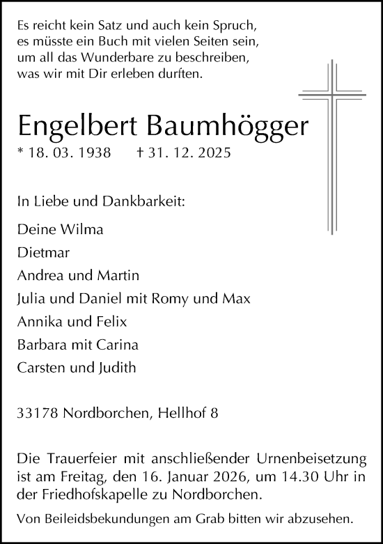 Traueranzeige von Engelbert Baumhögger von Neue Westfälische und Westfalen-Blatt