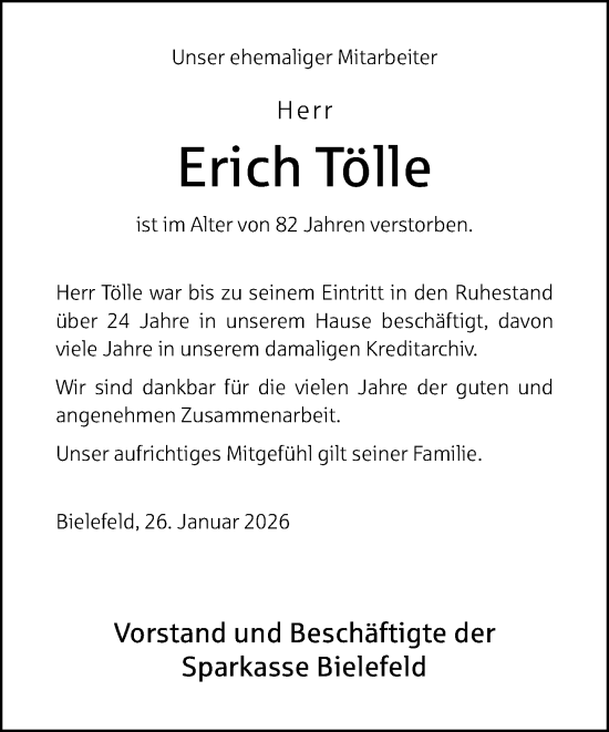 Traueranzeige von Erich Tölle von Neue Westfälische und Westfalen-Blatt