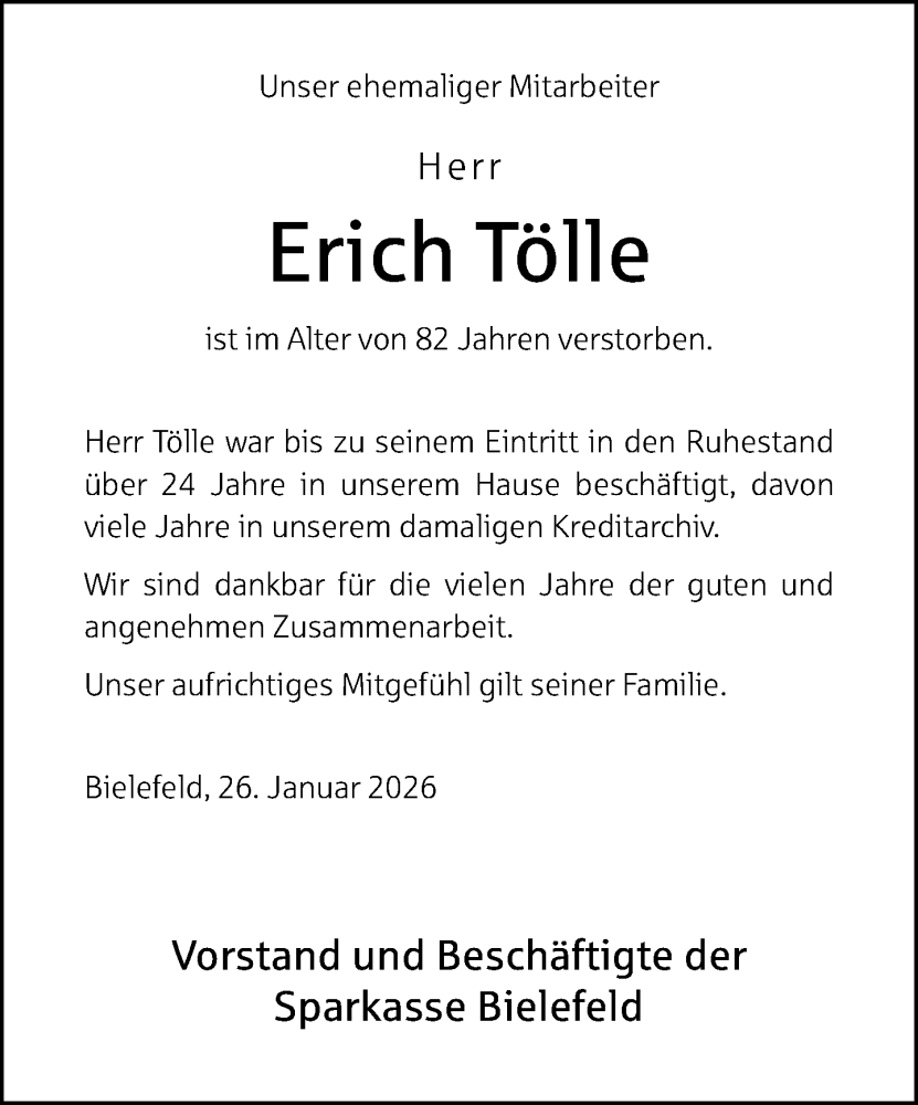  Traueranzeige für Erich Tölle vom 28.01.2026 aus Neue Westfälische und Westfalen-Blatt