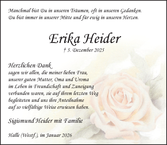 Traueranzeige von Erika Heider von Neue Westfälische und Westfalen-Blatt