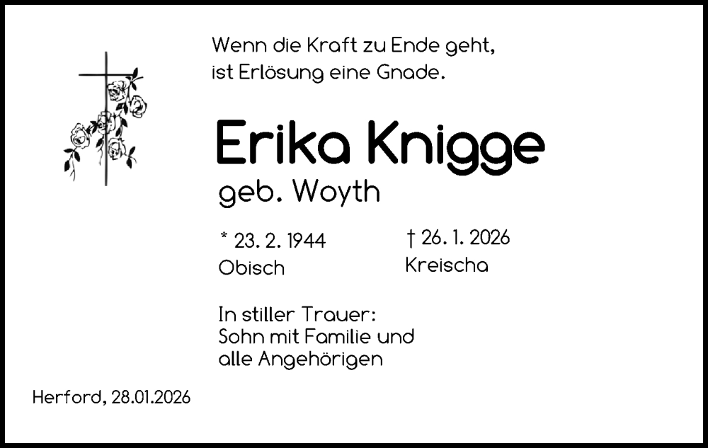  Traueranzeige für Erika Knigge vom 31.01.2026 aus Neue Westfälische und Westfalen-Blatt
