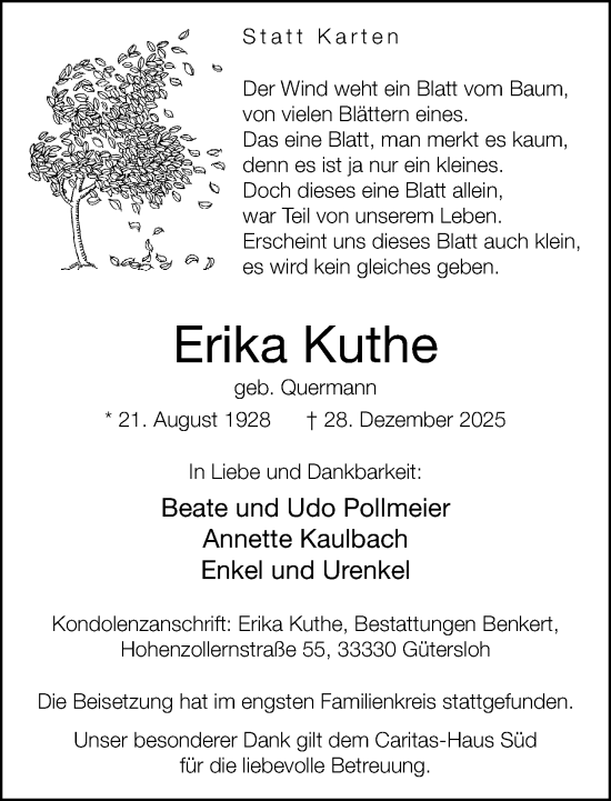 Traueranzeige von Erika Kuthe von Neue Westfälische und Westfalen-Blatt