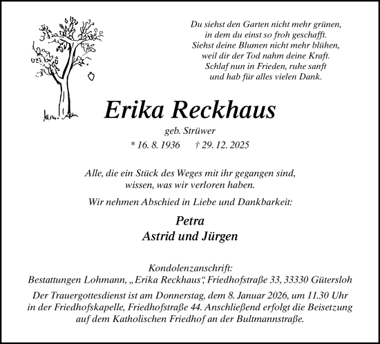 Traueranzeige von Erika Reckhaus von Neue Westfälische und Westfalen-Blatt