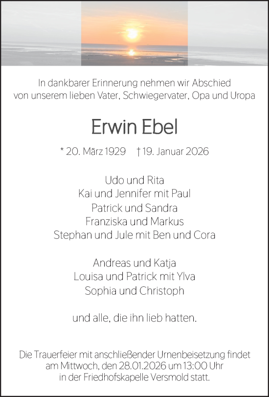 Traueranzeige von Erwin Ebel von Neue Westfälische und Westfalen-Blatt