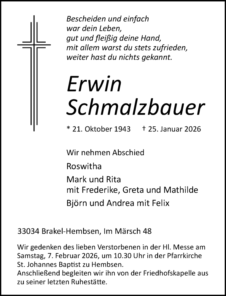  Traueranzeige für Erwin Schmalzbauer vom 31.01.2026 aus Neue Westfälische und Westfalen-Blatt