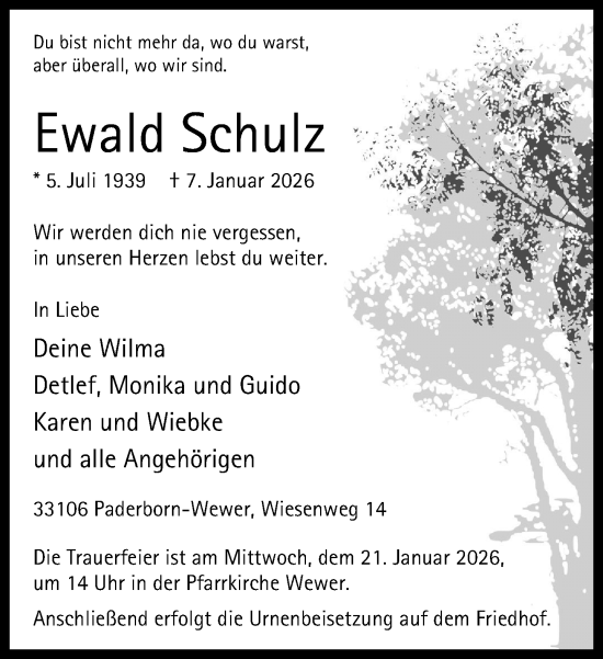 Traueranzeige von Ewald Schulz von Neue Westfälische und Westfalen-Blatt
