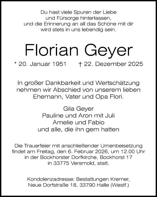 Traueranzeige von Florian Geyer von Neue Westfälische und Westfalen-Blatt