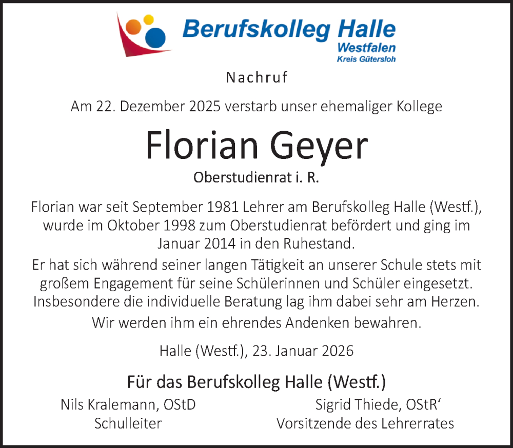  Traueranzeige für Florian Geyer vom 24.01.2026 aus Neue Westfälische und Westfalen-Blatt