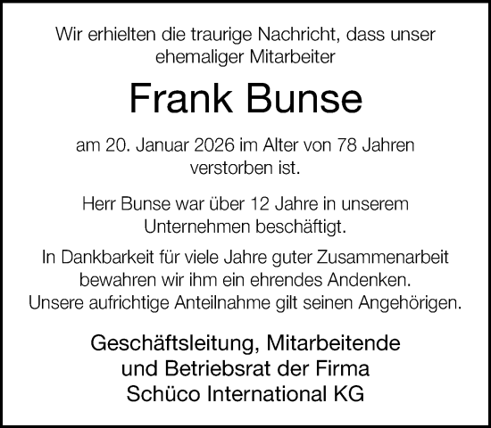 Traueranzeige von Frank Bunse von Neue Westfälische und Westfalen-Blatt