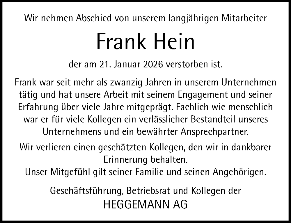  Traueranzeige für Frank Hein vom 31.01.2026 aus Neue Westfälische und Westfalen-Blatt