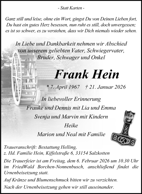 Traueranzeige von Frank Hein von Neue Westfälische und Westfalen-Blatt