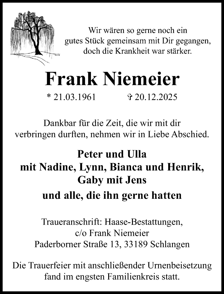  Traueranzeige für Frank Niemeier vom 10.01.2026 aus Neue Westfälische und Westfalen-Blatt