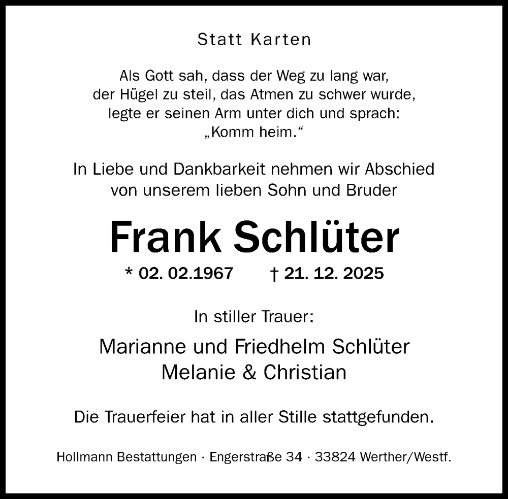  Traueranzeige für Frank Schlüter vom 10.01.2026 aus Neue Westfälische und Westfalen-Blatt