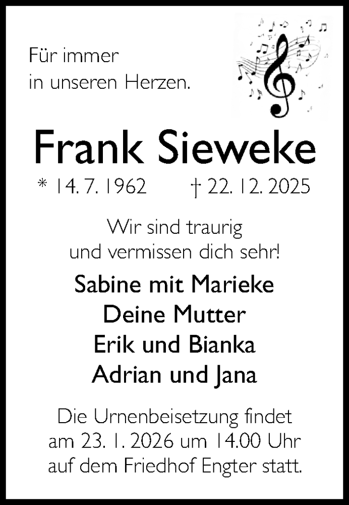  Traueranzeige für Frank Sieweke vom 03.01.2026 aus Neue Westfälische und Westfalen-Blatt