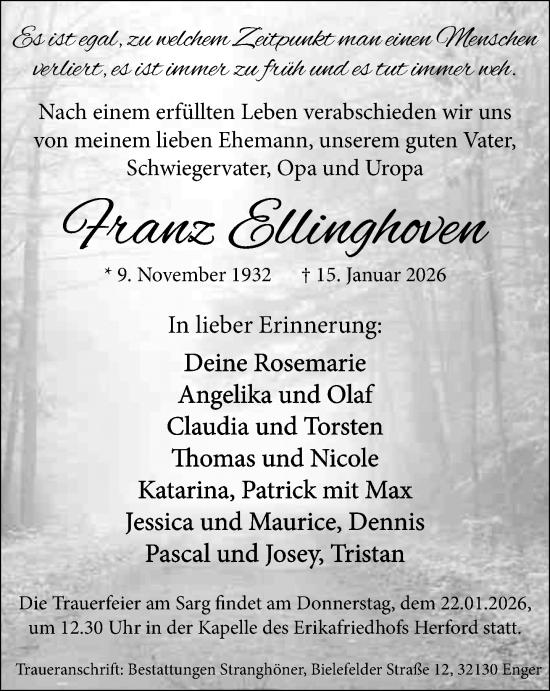 Traueranzeige von Franz Ellinghoven von Neue Westfälische und Westfalen-Blatt