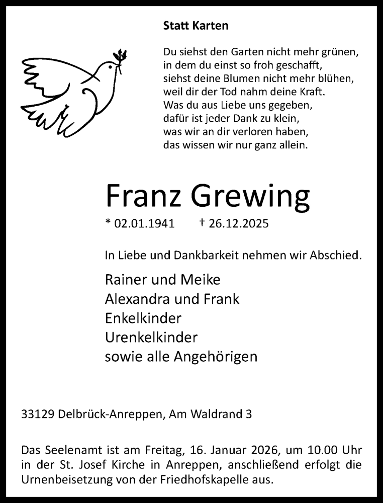  Traueranzeige für Franz Grewing vom 10.01.2026 aus Neue Westfälische und Westfalen-Blatt