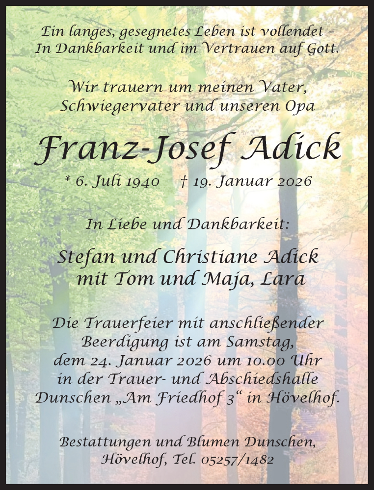  Traueranzeige für Franz-Josef Adick vom 21.01.2026 aus Neue Westfälische und Westfalen-Blatt