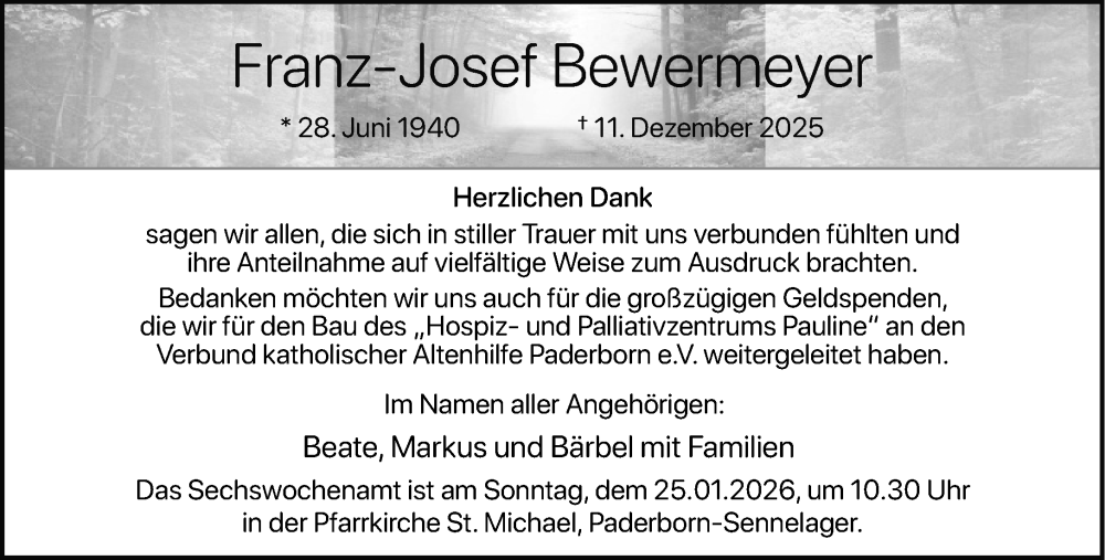  Traueranzeige für Franz-Josef Bewermeyer vom 17.01.2026 aus Neue Westfälische und Westfalen-Blatt