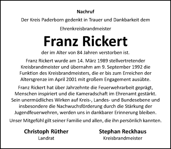 Traueranzeige von Franz Rickert von Neue Westfälische und Westfalen-Blatt