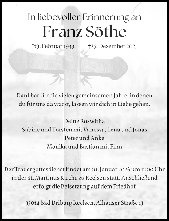 Traueranzeige von Franz Söthe von Neue Westfälische und Westfalen-Blatt