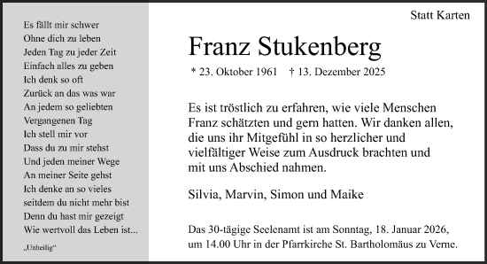 Traueranzeige von Franz Stukenberg von Neue Westfälische und Westfalen-Blatt