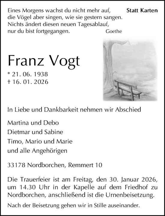 Traueranzeige von Franz Vogt von Neue Westfälische und Westfalen-Blatt