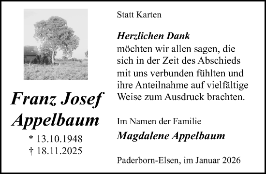 Traueranzeige von Franz Josef Appelbaum von Neue Westfälische und Westfalen-Blatt