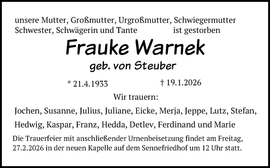 Traueranzeige von Frauke Warnek von Neue Westfälische und Westfalen-Blatt