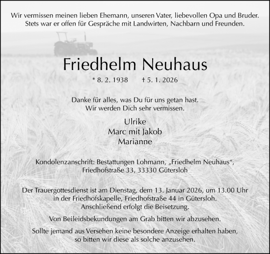 Traueranzeige von Friedhelm Neuhaus von Neue Westfälische und Westfalen-Blatt