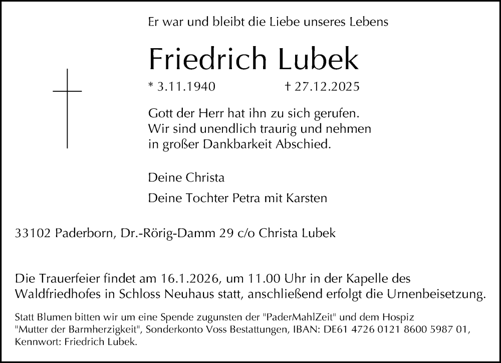  Traueranzeige für Friedrich Lubek vom 10.01.2026 aus Neue Westfälische und Westfalen-Blatt