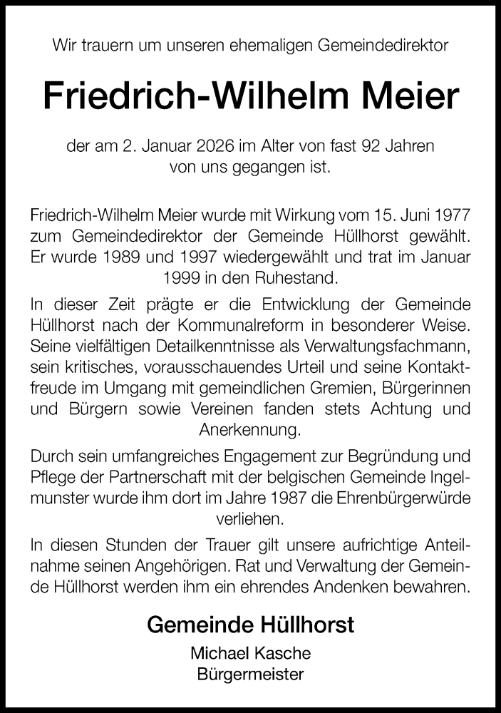  Traueranzeige für Friedrich-Wilhelm Meier vom 10.01.2026 aus Neue Westfälische und Westfalen-Blatt