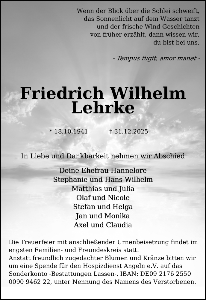  Traueranzeige für Friedrich Wilhelm Lehrke vom 17.01.2026 aus Neue Westfälische und Westfalen-Blatt