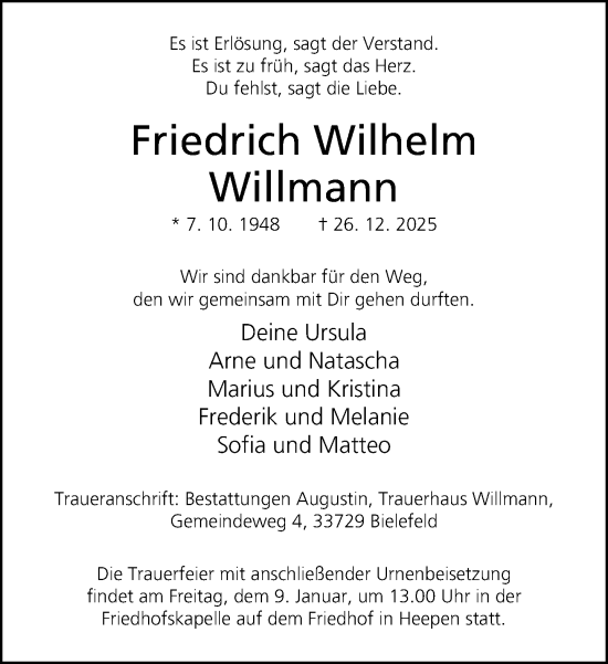 Traueranzeige von Friedrich Wilhelm Willmann von Neue Westfälische und Westfalen-Blatt
